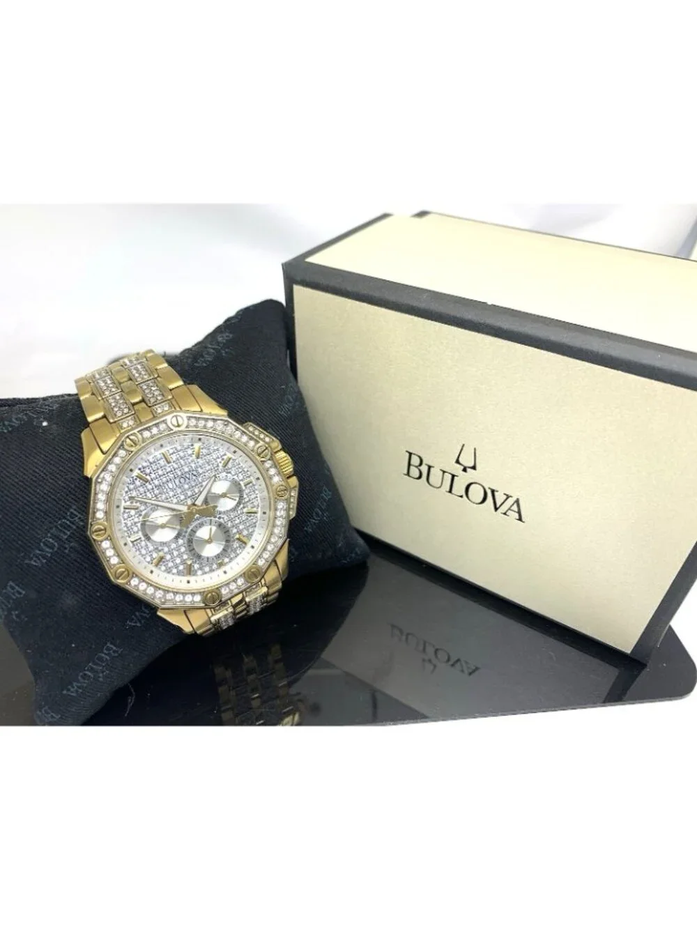 Bulova Men's Watch 98C126 Octava Quartz Gold Stainless Steel Gemmed Dial 42mm